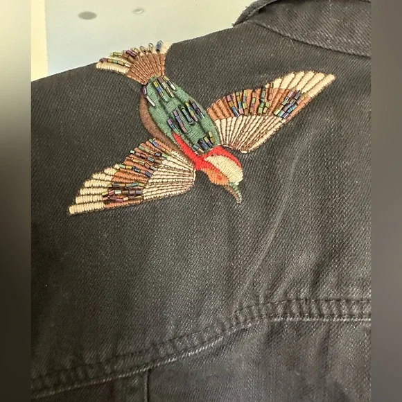 Unique Botanical Floral & Hummingbird Embroidered Black Denim Jacket M - Picture 13 of 16